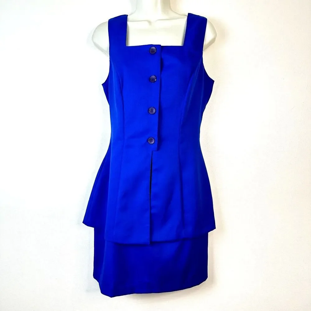 Vintage La Belle Fashion Inc USA Royal Blue 80s Peplum Dress Women's 11